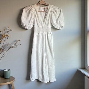 Anthropologie Hutch Cropped Jumpsuit Sz S Smocked Waist Eyelet White Wide Leg